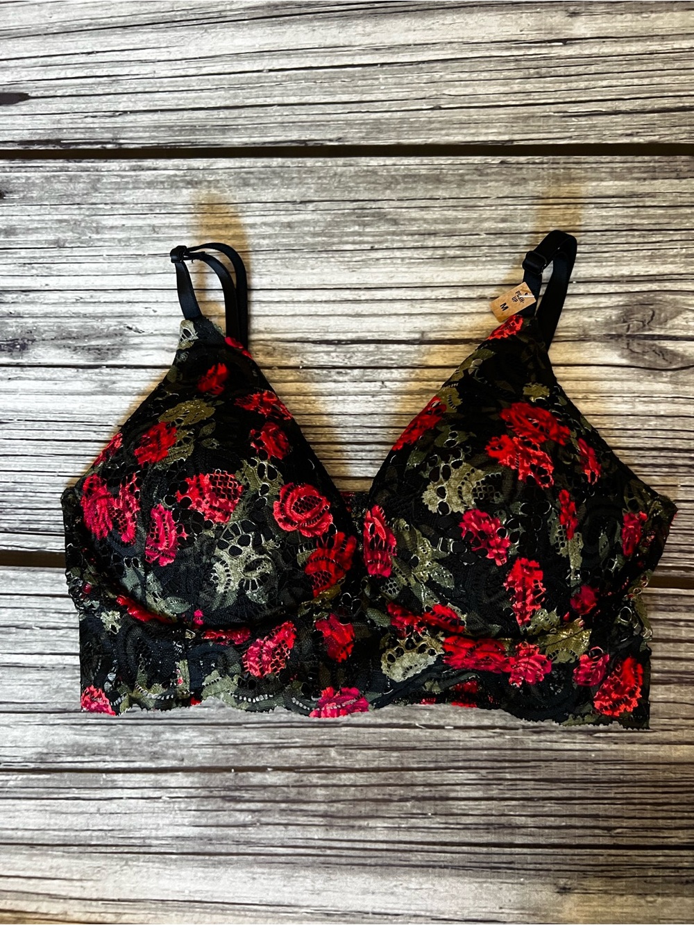 Victoria's Secret Pink  Black Lace Bralette with Red and Olive Floral Embroidery